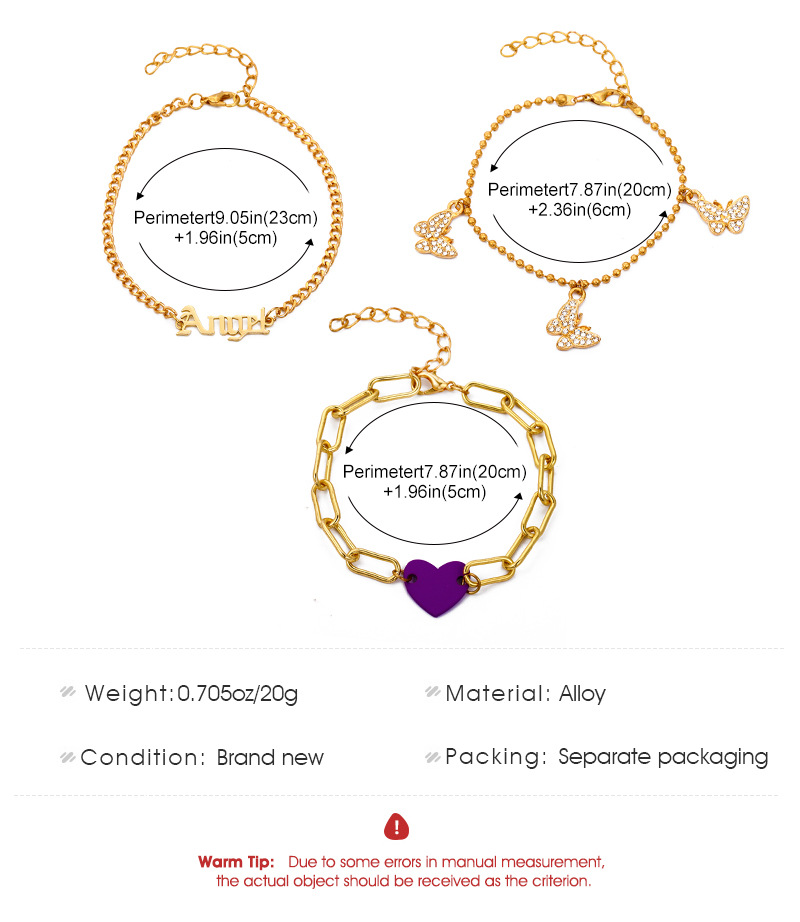 Sweet Heart Shape Butterfly Alloy Plating Artificial Diamond Womenu0027S Anklet 3 Piece Set