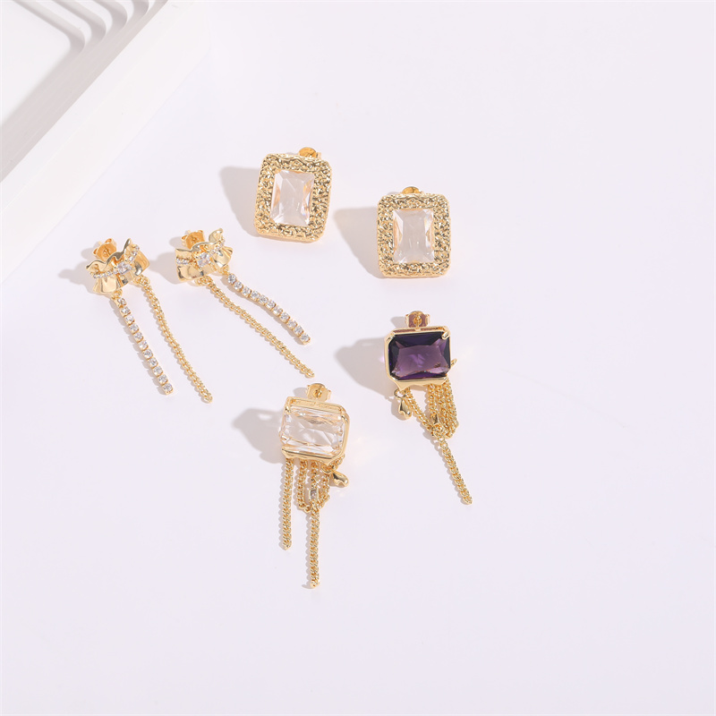 Fashion Square Heart Shape Copper Tassel Gold Plated Zircon Drop Earrings 1 Pair
