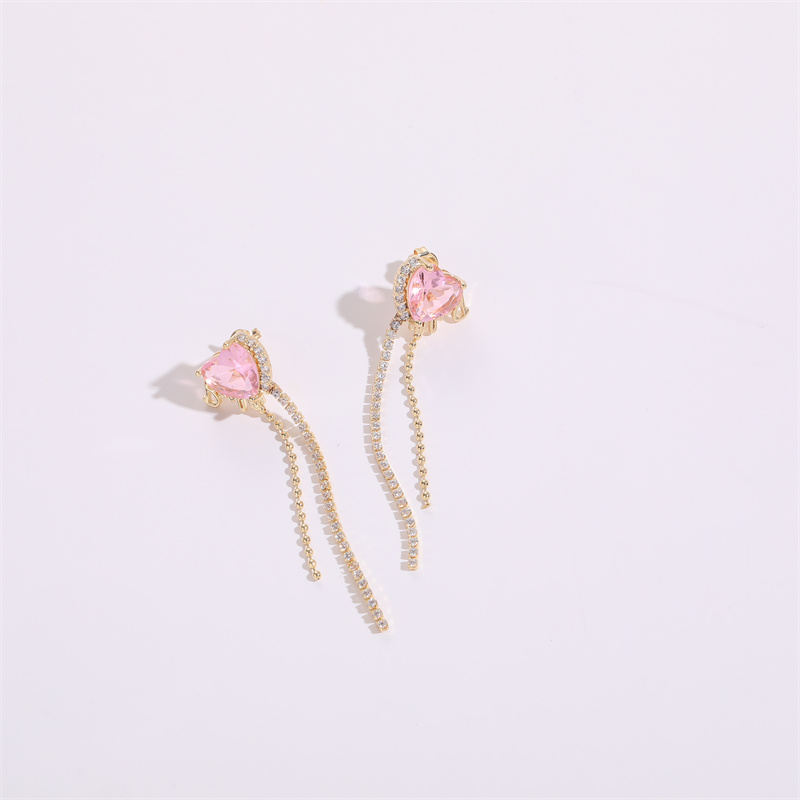 Fashion Square Heart Shape Copper Tassel Gold Plated Zircon Drop Earrings 1 Pair