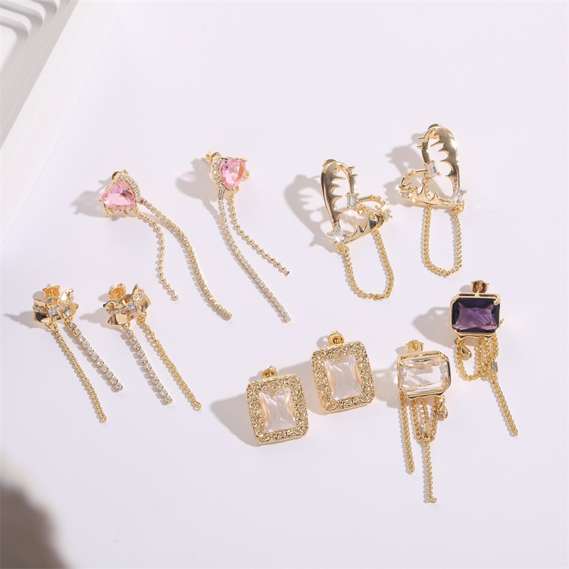 Fashion Square Heart Shape Copper Tassel Gold Plated Zircon Drop Earrings 1 Pair