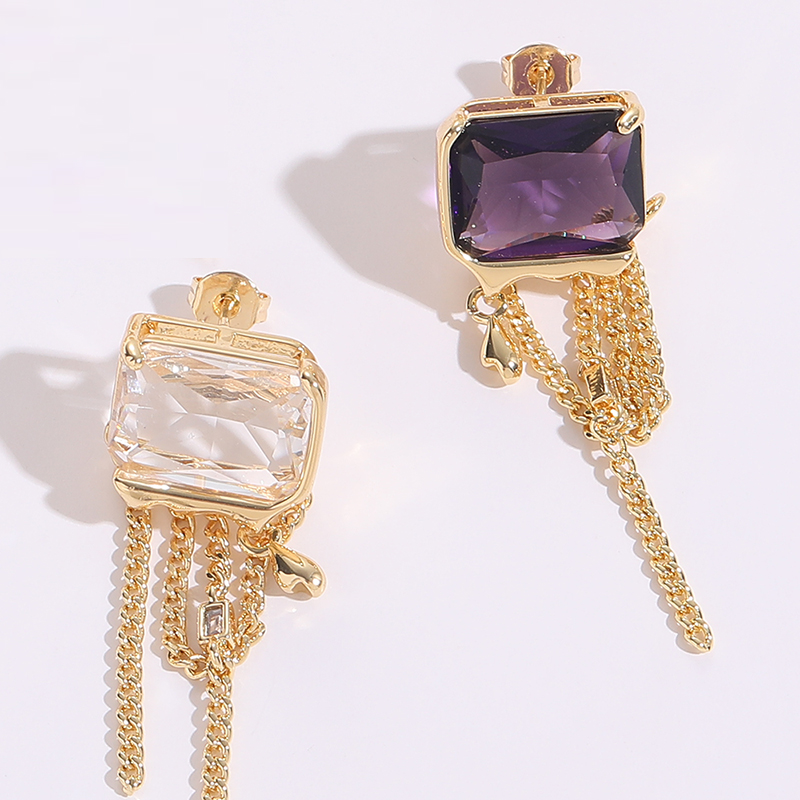Fashion Square Heart Shape Copper Tassel Gold Plated Zircon Drop Earrings 1 Pair