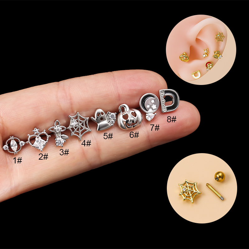 Fashion Pumpkin Spider Web Ghost Stainless Steel Gold Plated Zircon Ear Studs 1 Piece