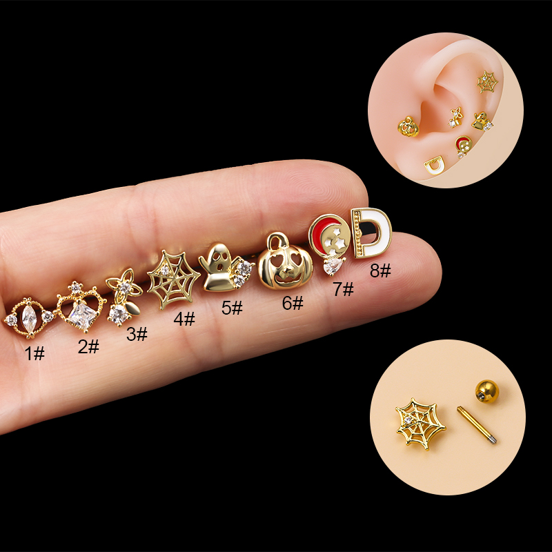 Fashion Pumpkin Spider Web Ghost Stainless Steel Gold Plated Zircon Ear Studs 1 Piece