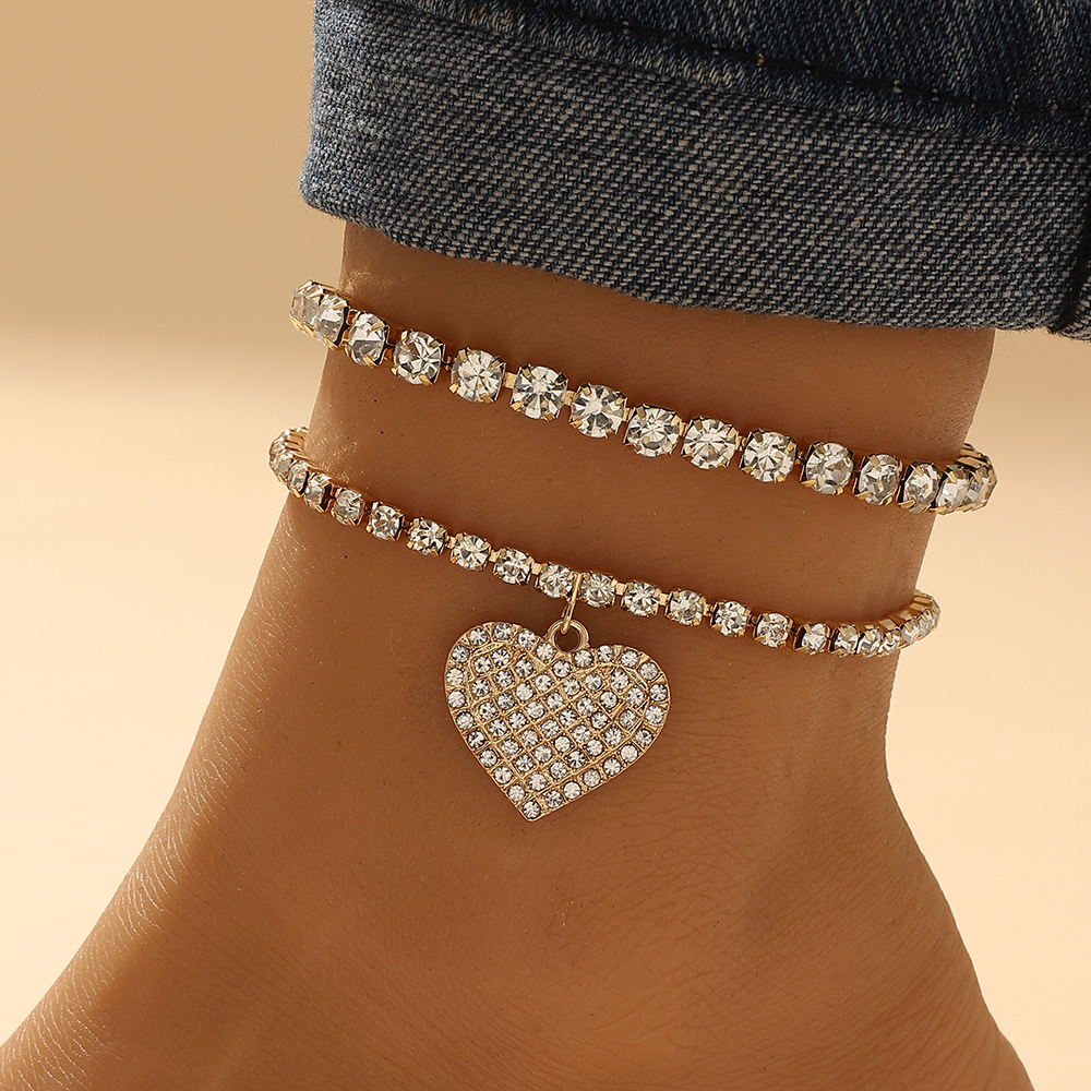 Fashion Heart Shape Alloy Inlay Rhinestones Womenu0027S Anklet 2 Piece Set