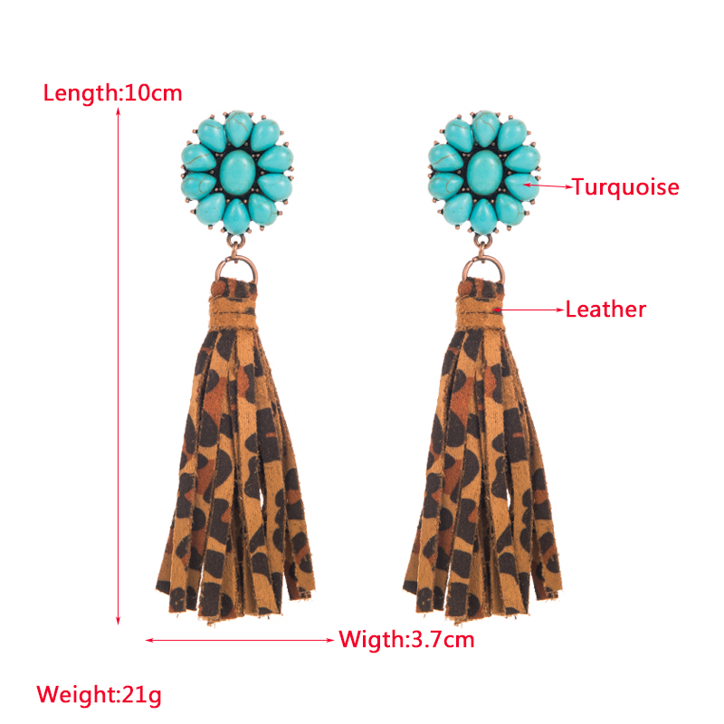 Ethnic Style Tassel Leopard Pu Leather Alloy Inlay Turquoise Womenu0027S Drop Earrings 1 Pair