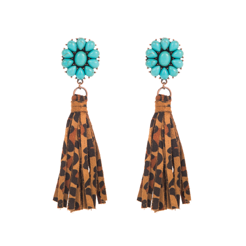 Ethnic Style Tassel Leopard Pu Leather Alloy Inlay Turquoise Womenu0027S Drop Earrings 1 Pair