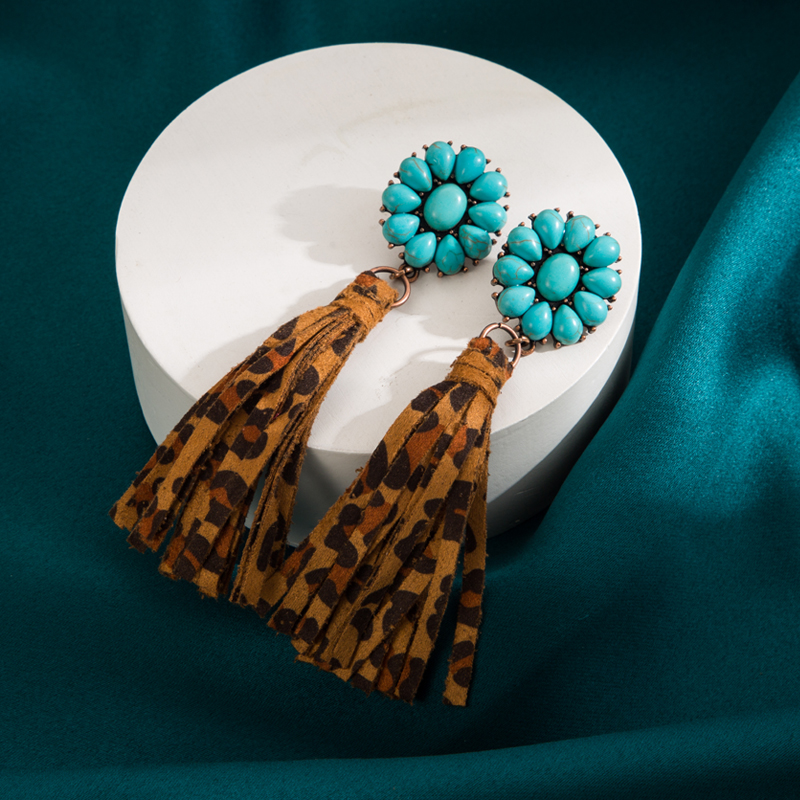 Ethnic Style Tassel Leopard Pu Leather Alloy Inlay Turquoise Womenu0027S Drop Earrings 1 Pair