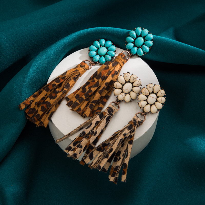 Ethnic Style Tassel Leopard Pu Leather Alloy Inlay Turquoise Womenu0027S Drop Earrings 1 Pair