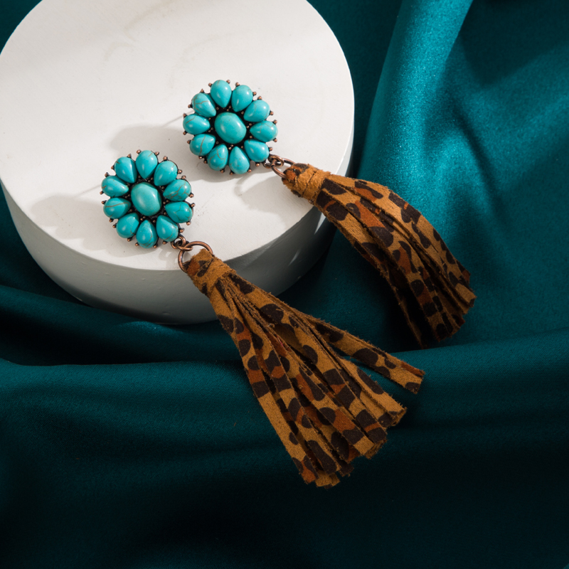 Ethnic Style Tassel Leopard Pu Leather Alloy Inlay Turquoise Womenu0027S Drop Earrings 1 Pair