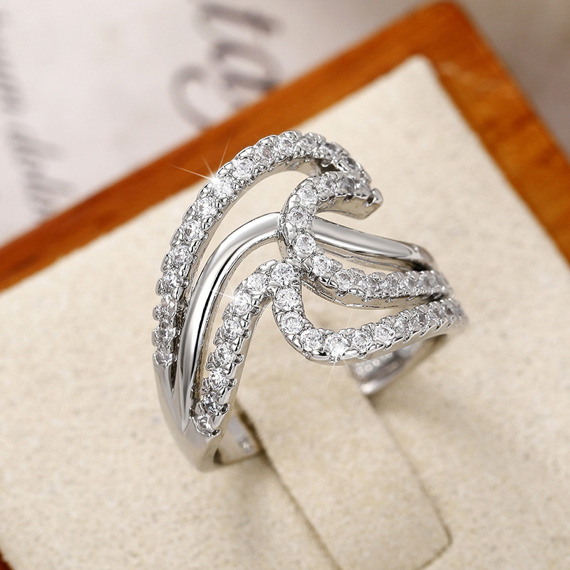 Retro Geometric Waves Copper Inlay Artificial Diamond Rings 1 Piece