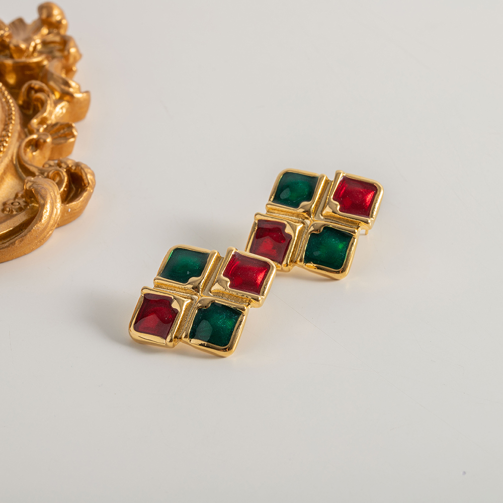 Retro Color Block Gingham Lattice Copper Gold Plated Ear Studs 1 Pair