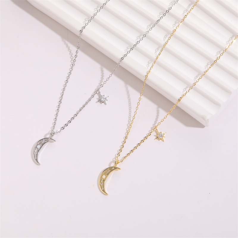 Cute Star Moon Copper Gold Plated Zircon Pendant Necklace 1 Piece