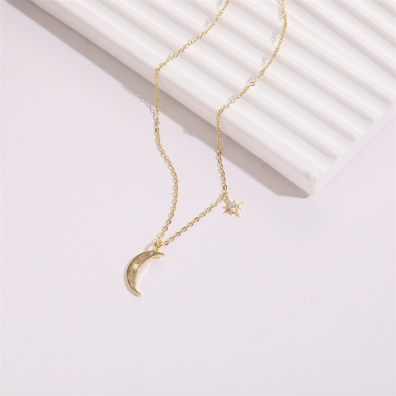 Cute Star Moon Copper Gold Plated Zircon Pendant Necklace 1 Piece