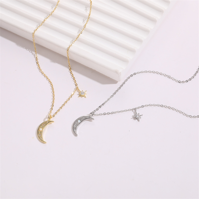 Cute Star Moon Copper Gold Plated Zircon Pendant Necklace 1 Piece