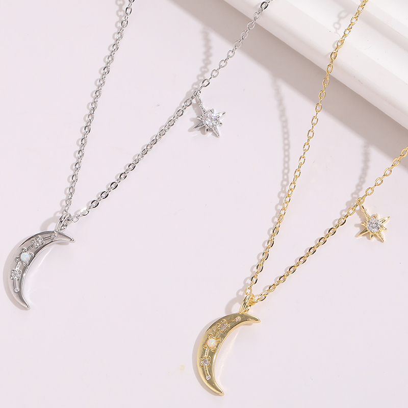 Cute Star Moon Copper Gold Plated Zircon Pendant Necklace 1 Piece