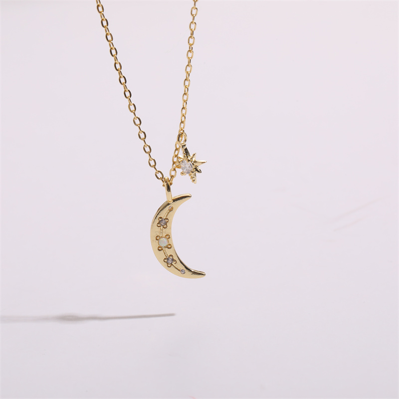 Cute Star Moon Copper Gold Plated Zircon Pendant Necklace 1 Piece