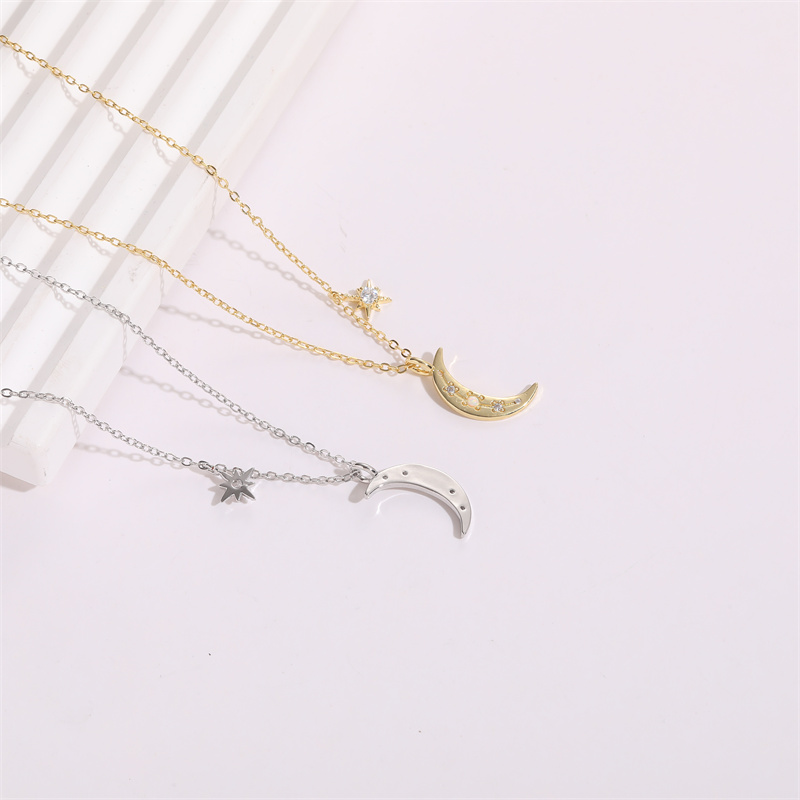 Cute Star Moon Copper Gold Plated Zircon Pendant Necklace 1 Piece