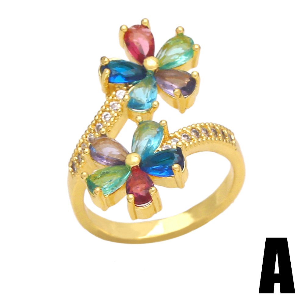 Fashion Flower Copper Gold Plated Zircon Open Ring 1 Piece