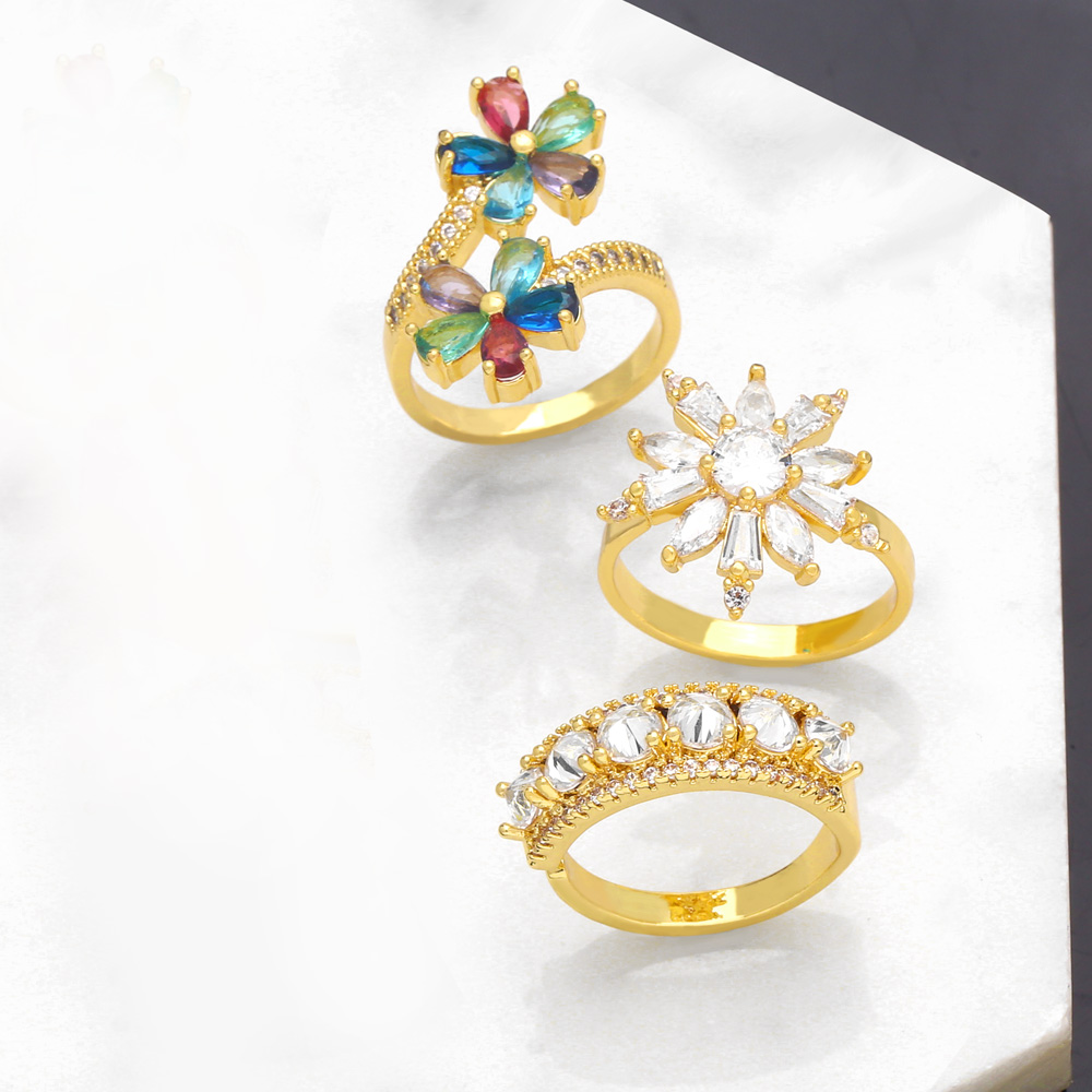 Fashion Flower Copper Gold Plated Zircon Open Ring 1 Piece