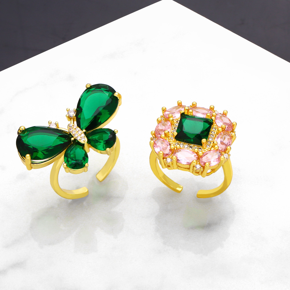 Fashion Flower Butterfly Copper Gold Plated Zircon Open Ring 1 Piece
