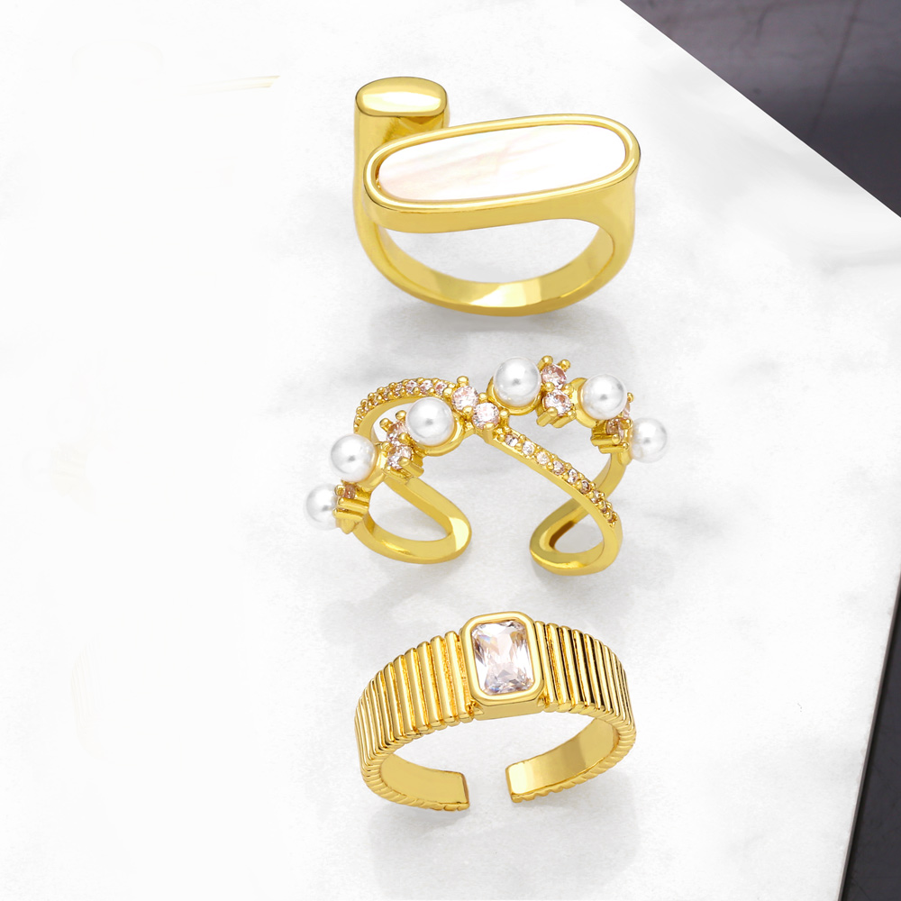 Simple Style Geometric Copper Gold Plated Pearl Shell Zircon Open Ring 1 Piece