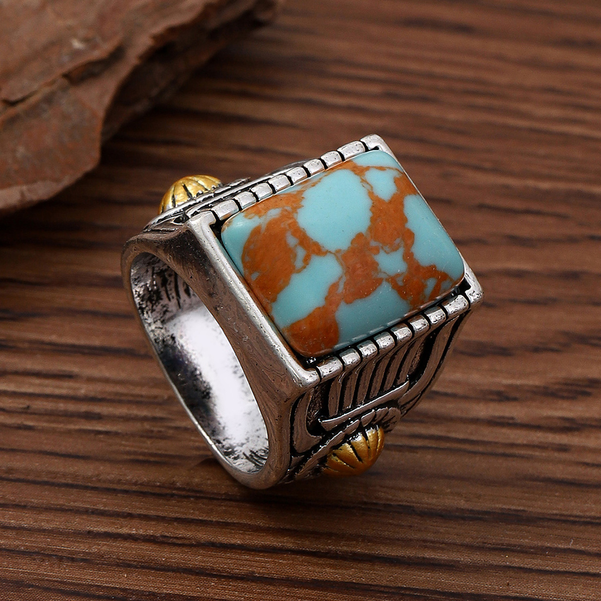 Retro Square Alloy Inlay Turquoise Menu0027S Rings 1 Piece