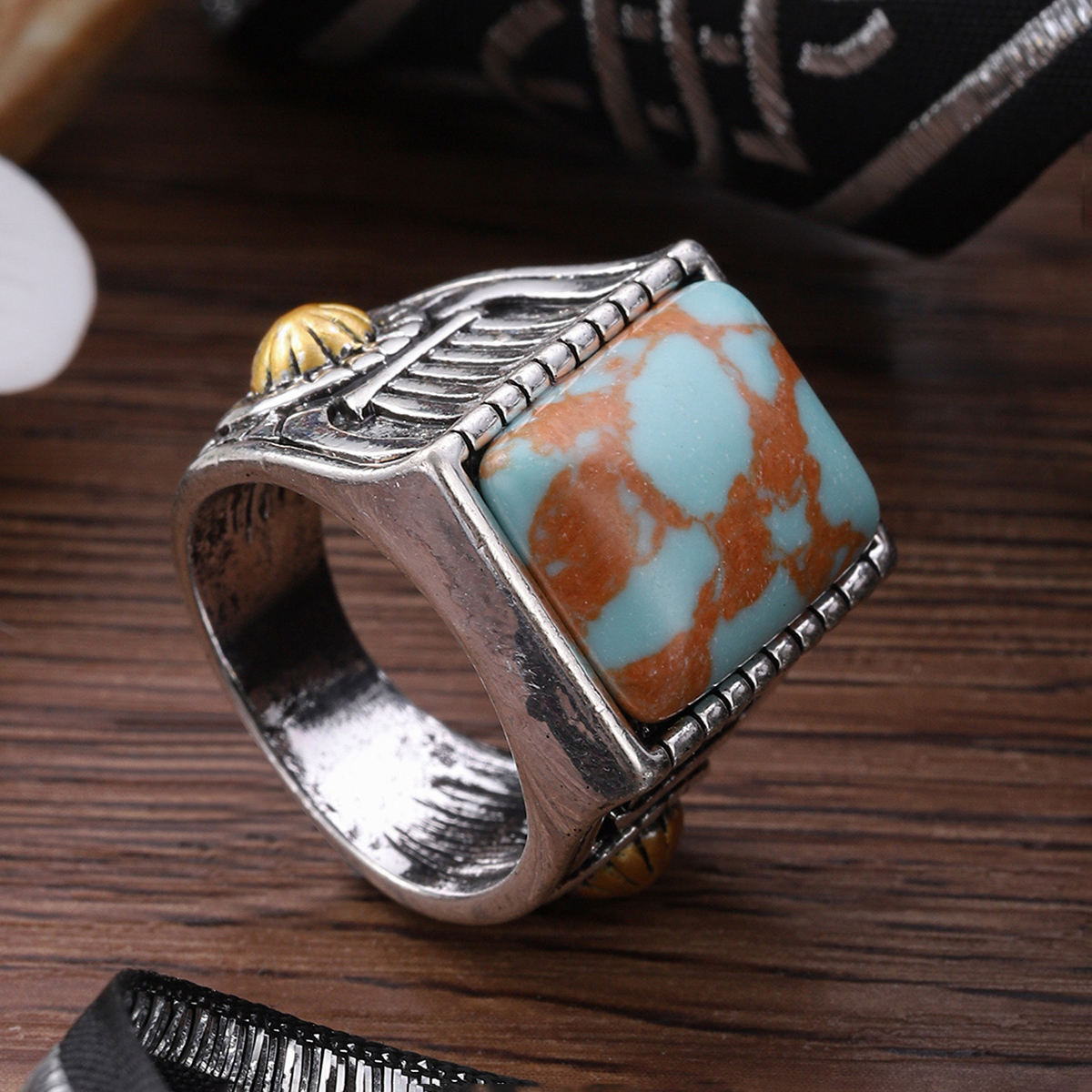 Retro Square Alloy Inlay Turquoise Menu0027S Rings 1 Piece