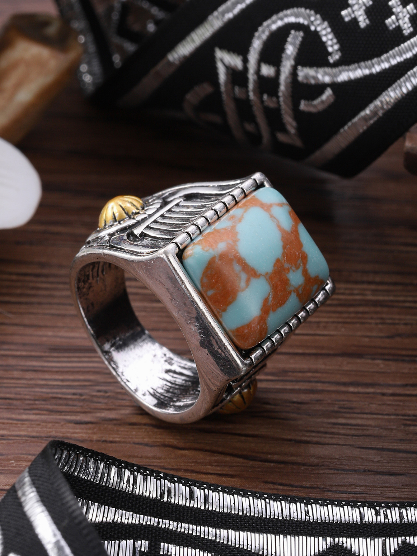 Retro Square Alloy Inlay Turquoise Menu0027S Rings 1 Piece