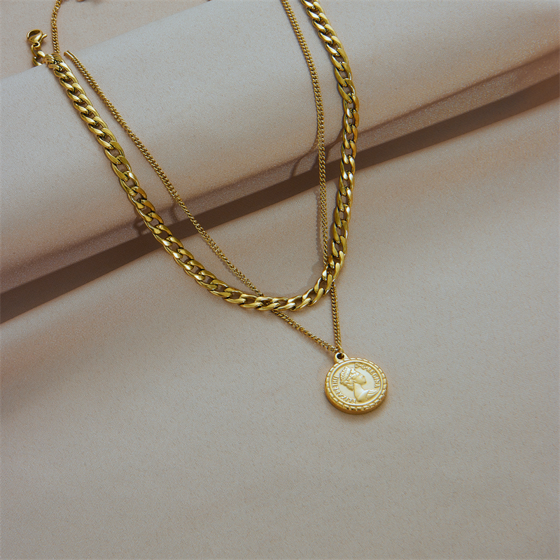 Basic Coin Titanium Steel Gold Plated Layered Necklaces 1 Piece