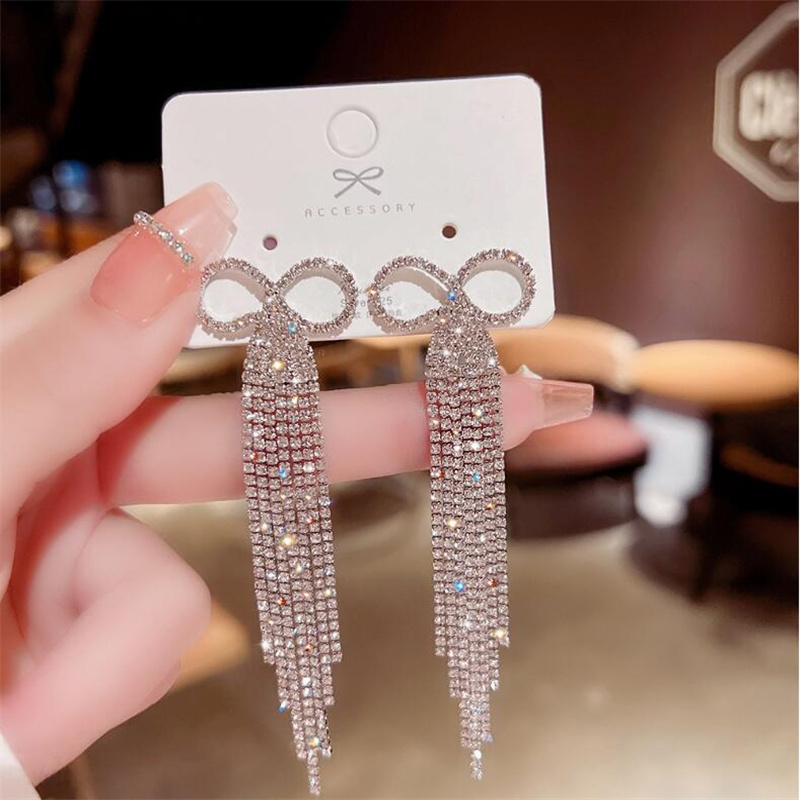 Fashion Tassel Bow Knot Copper Inlay Rhinestones Drop Earrings 1 Pair