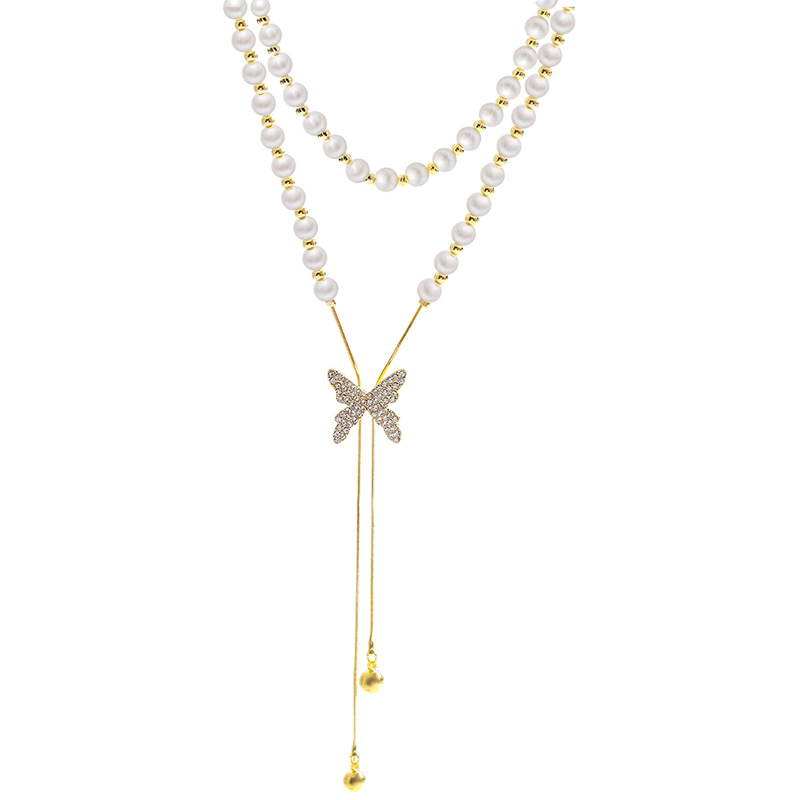 Elegant Butterfly Alloy Plating Artificial Diamond Pearl Womenu0027S Necklace 1 Piece