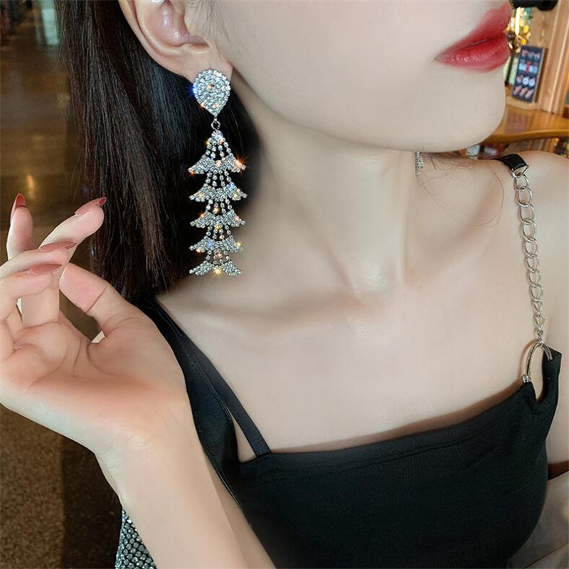 Fashion Christmas Tree Copper Inlay Rhinestones Drop Earrings 1 Pair