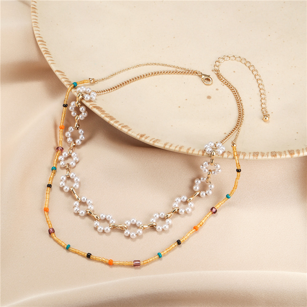 Bohemian Flower Imitation Pearl Alloy Beaded Womenu0027S Necklace 1 Piece