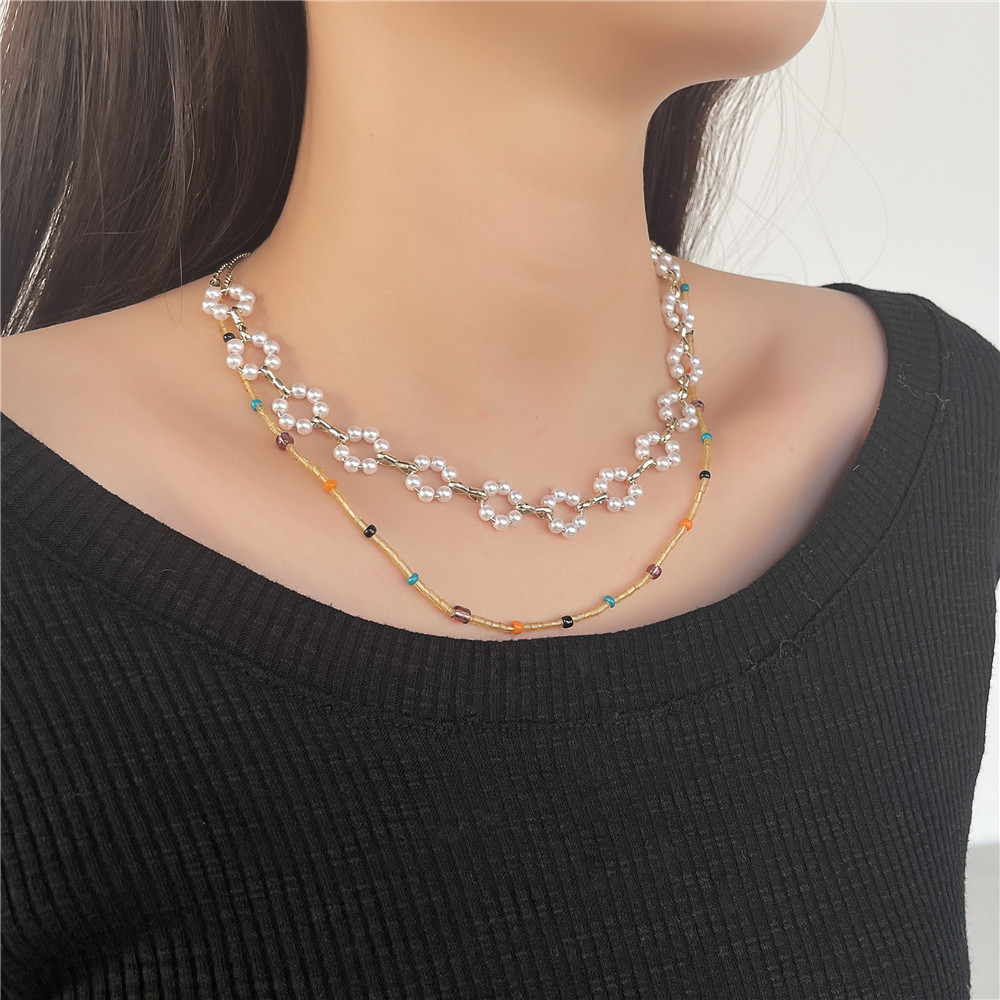 Bohemian Flower Imitation Pearl Alloy Beaded Womenu0027S Necklace 1 Piece