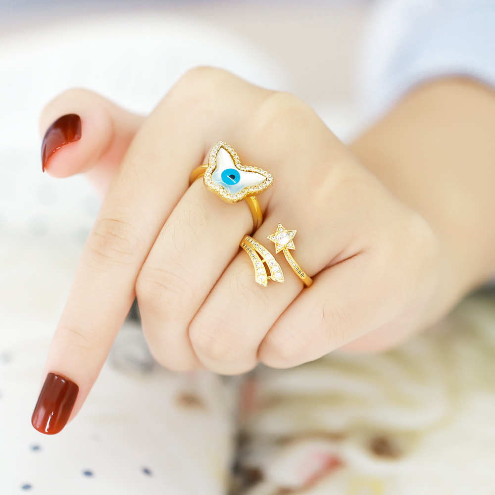 Fashion Devilu0027S Eye Star Butterfly Copper Enamel Gold Plated Zircon Open Ring 1 Piece