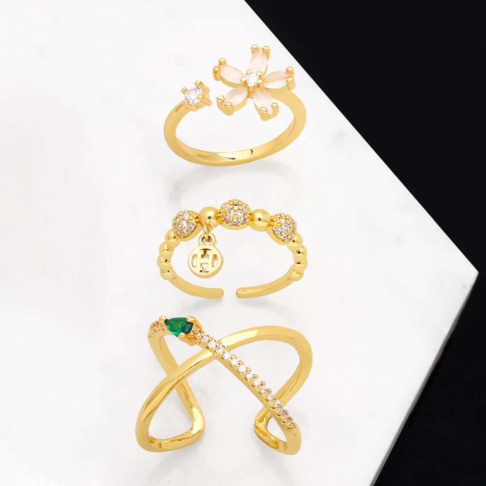 Simple Style Geometric Flower Copper Gold Plated Zircon Open Ring 1 Piece