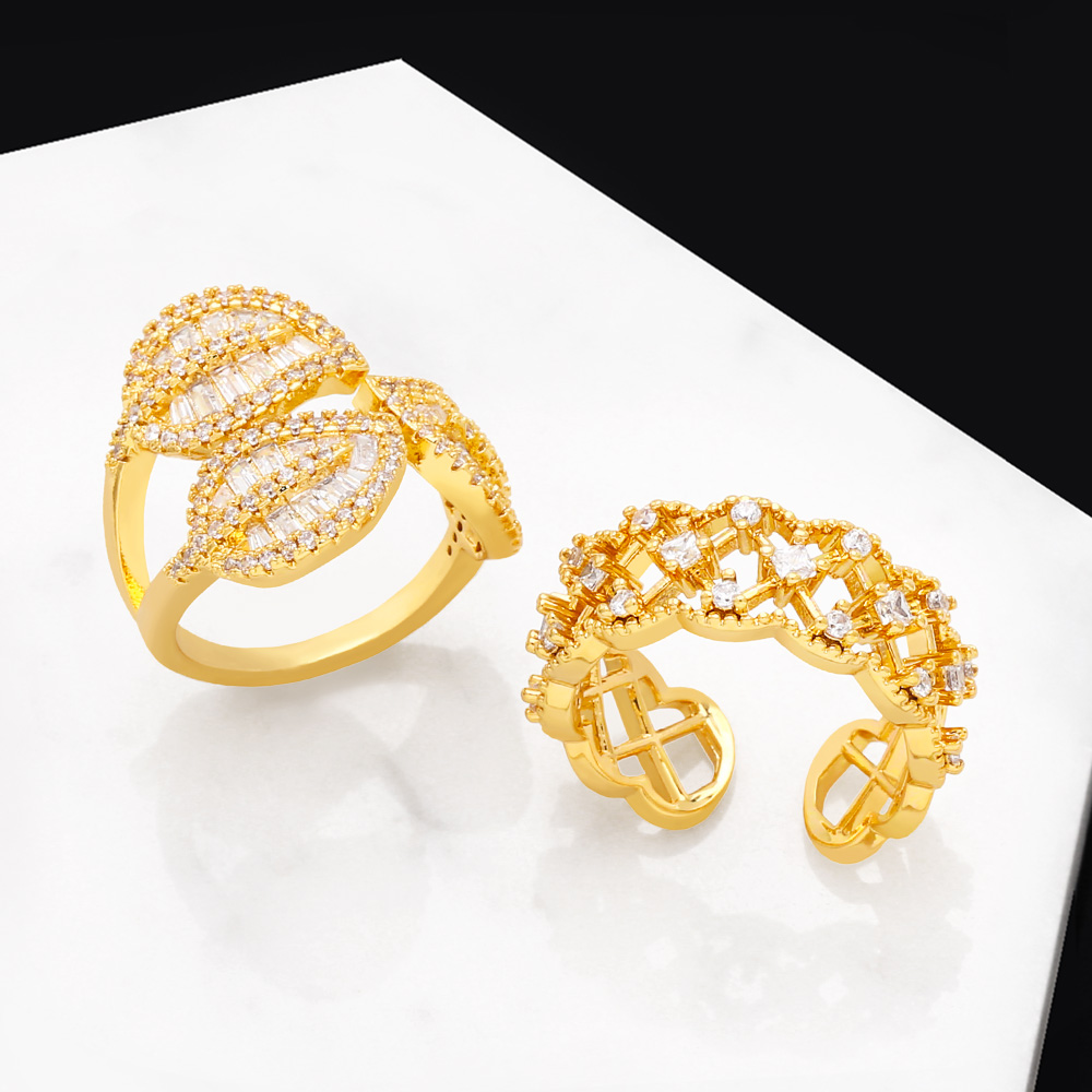 Simple Style Geometric Leaves Copper Gold Plated Zircon Open Ring 1 Piece