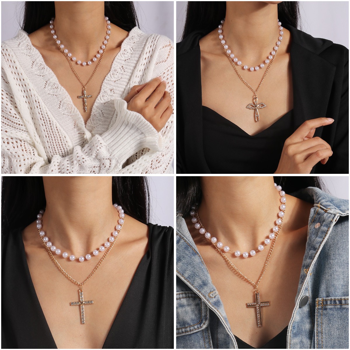 Fashion Cross Imitation Pearl Alloy Layered Rhinestones Womenu0027S Necklace 1 Piece