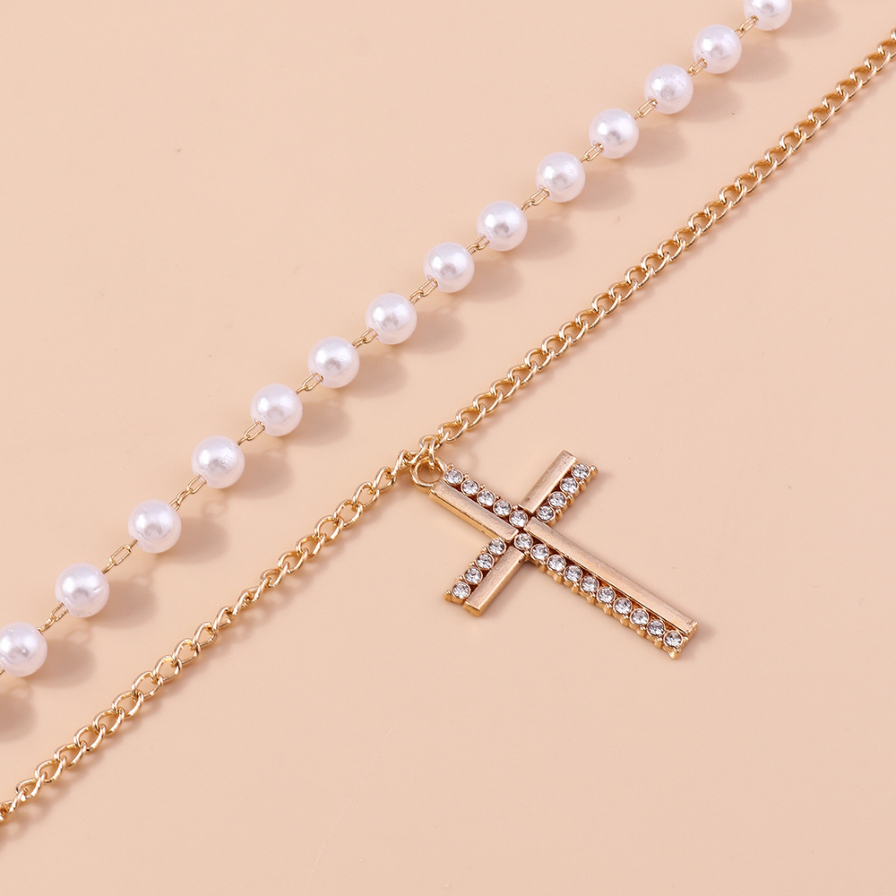 Fashion Cross Imitation Pearl Alloy Layered Rhinestones Womenu0027S Necklace 1 Piece