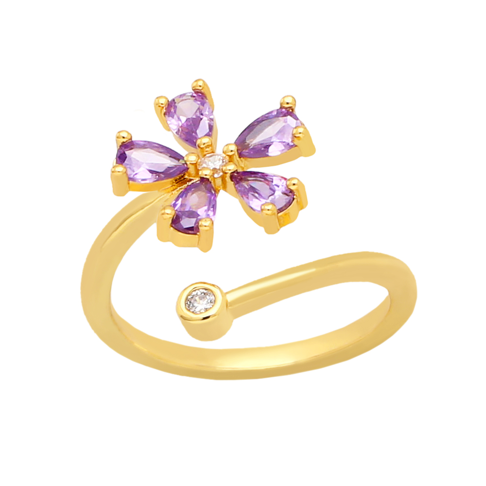 Sweet Flower Copper Gold Plated Zircon Open Ring 1 Piece