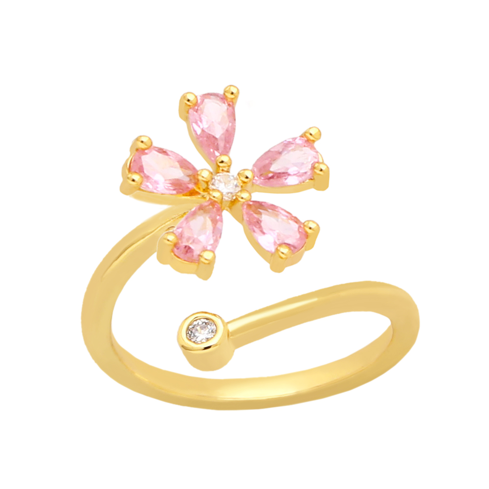 Sweet Flower Copper Gold Plated Zircon Open Ring 1 Piece