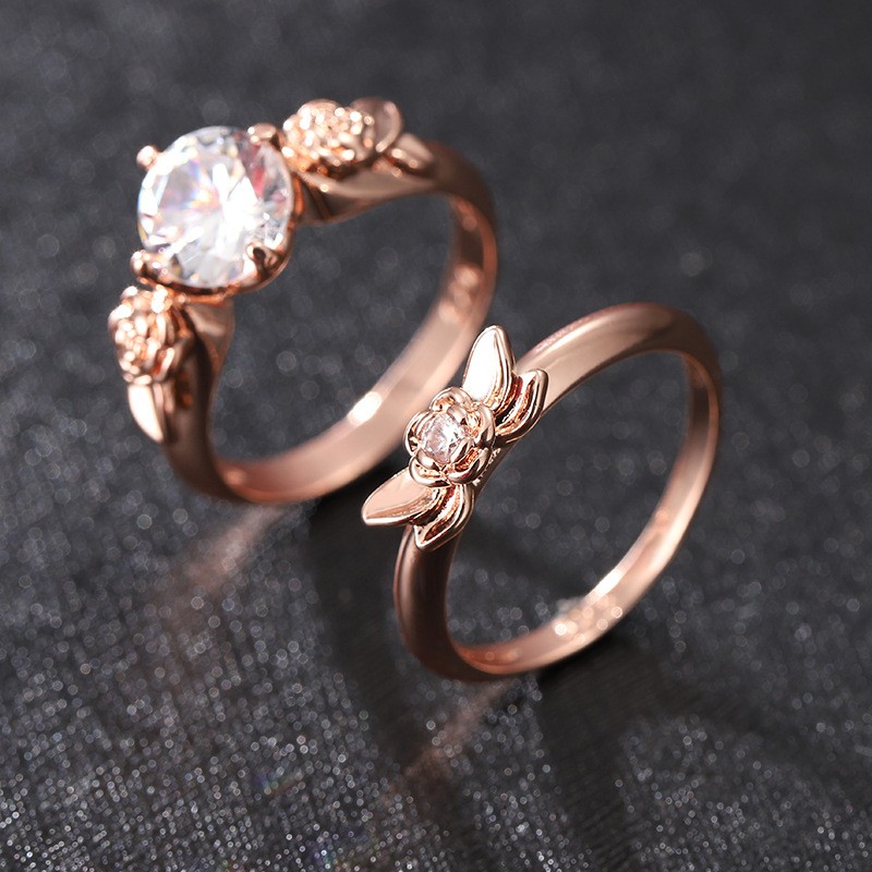 Fashion Flower Copper Inlay Zircon Rings 2 Pieces