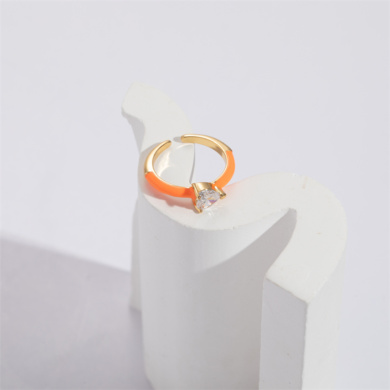 Fashion Heart Shape Copper Enamel Gold Plated Zircon Open Ring 1 Piece