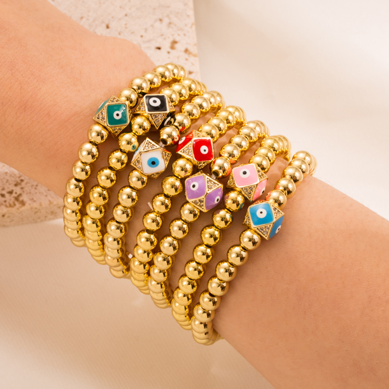 Hip-Hop Eye Copper Beaded Enamel Gold Plated Zircon Bracelets 1 Piece