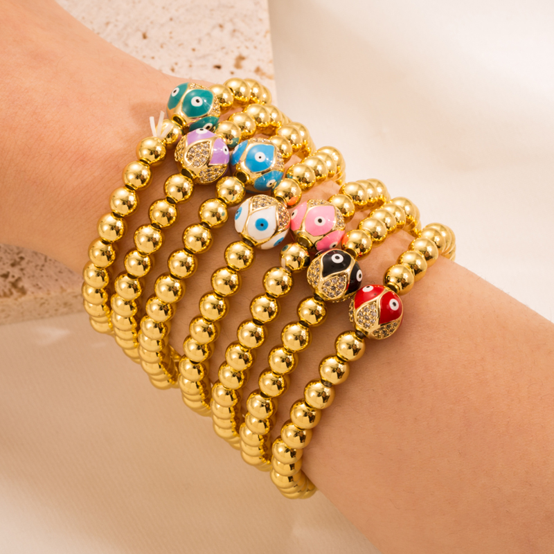 Vintage Style Eye Copper Beaded Enamel Gold Plated Zircon Bracelets 1 Piece