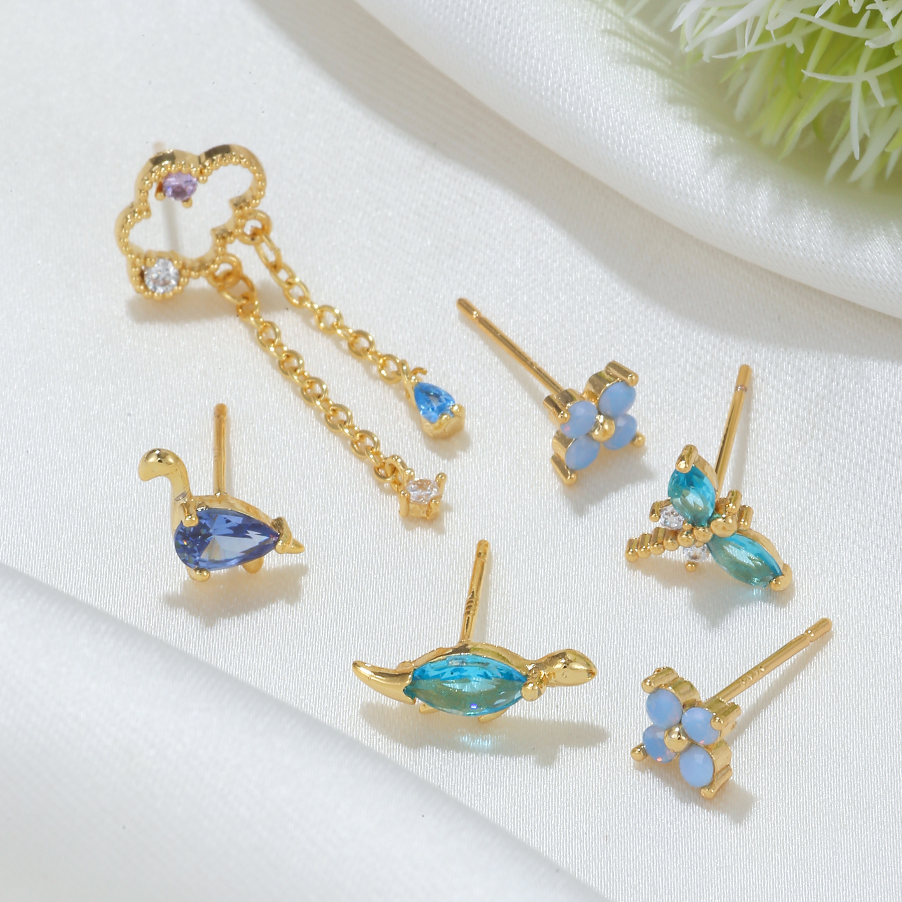 Fashion Dinosaur Flower Dragonfly Copper Inlay Zircon Ear Studs 6 Pieces