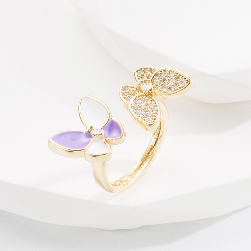 Sweet Butterfly Copper Gold Plated Zircon Open Ring 1 Piece