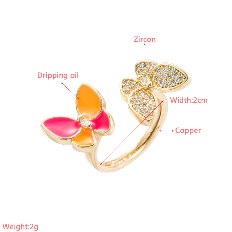 Sweet Butterfly Copper Gold Plated Zircon Open Ring 1 Piece