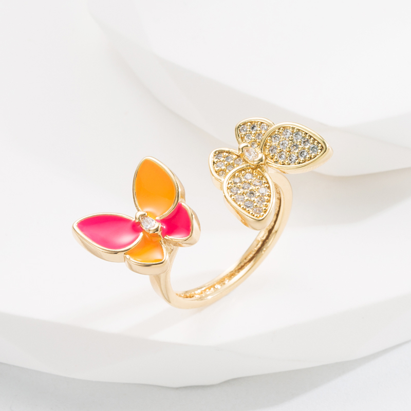 Sweet Butterfly Copper Gold Plated Zircon Open Ring 1 Piece