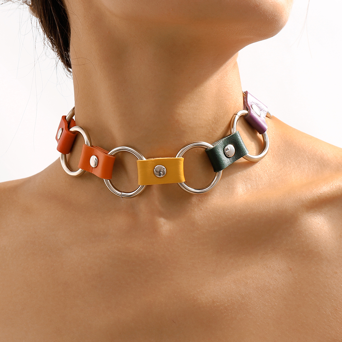 Punk Circle Colorful Pu Leather Iron Patchwork Metal Button Womenu0027S Choker 1 Piece